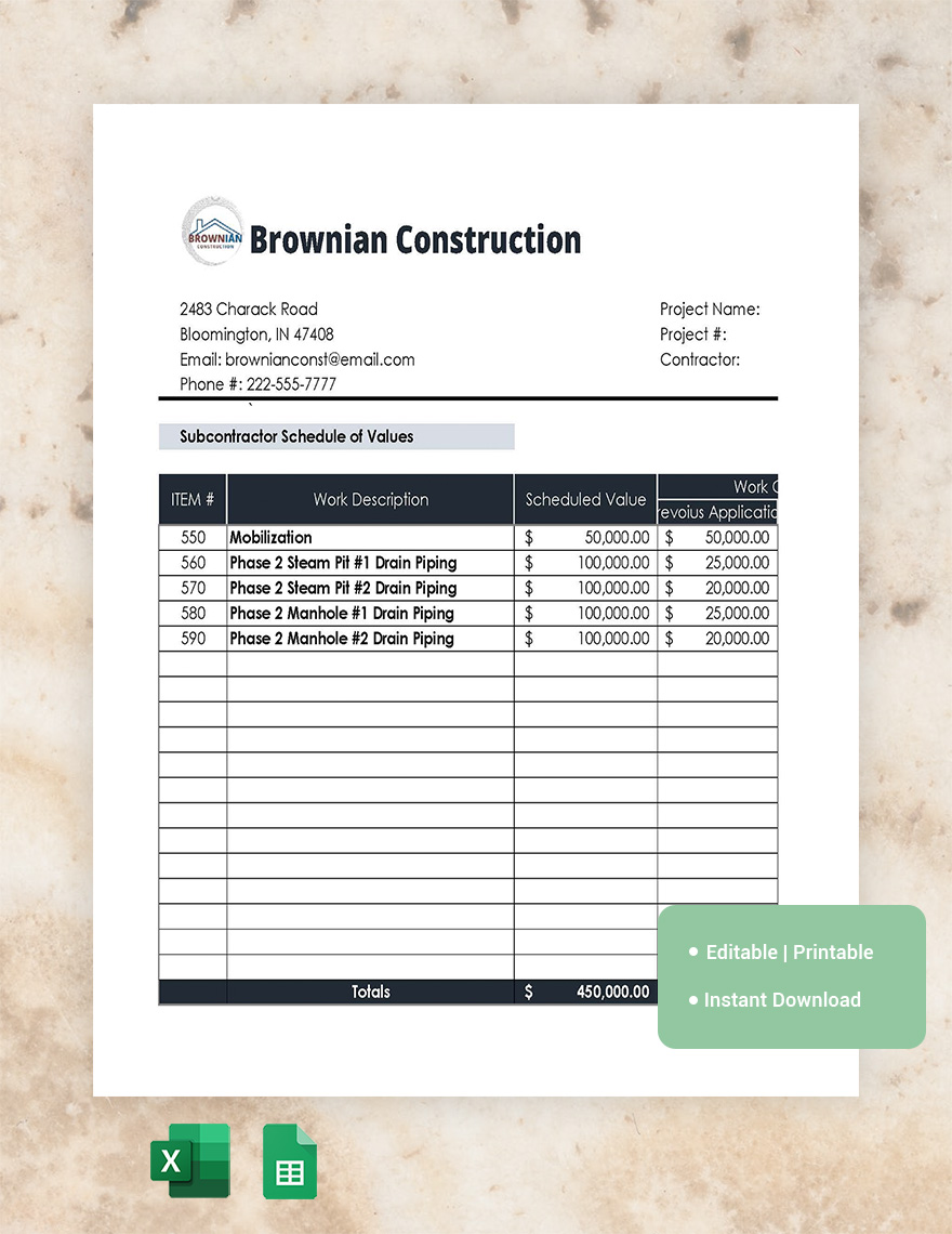 Subcontractor Schedule Of Values Template Google Docs, Google Sheets