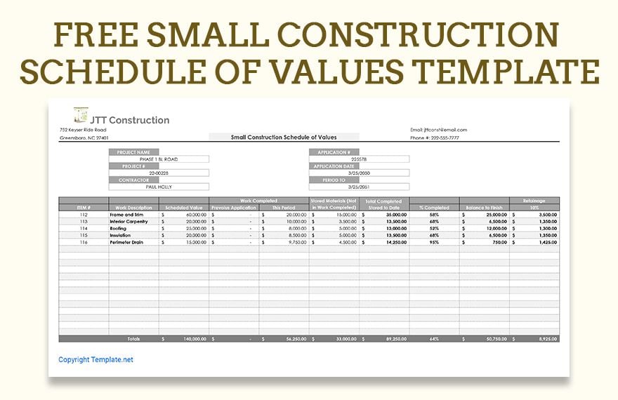 Free Small Construction Schedule Of Values Templates Google Docs