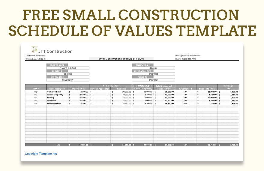 Construction Schedule Of Values Template