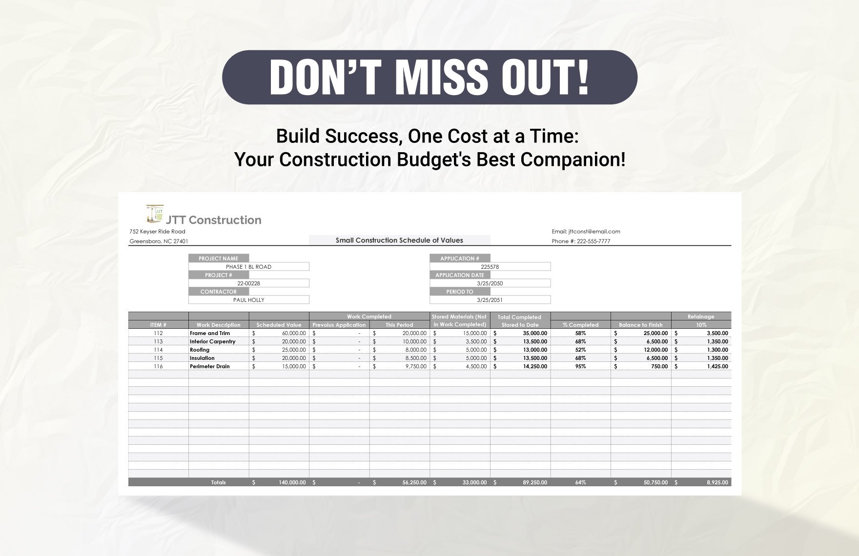 Small Construction Schedule Of Values Templates