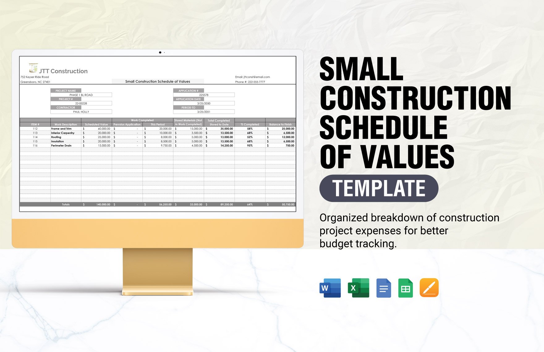 Small Construction Schedule Of Values Templates in Word, Google Docs, Excel, Google Sheets, Apple Pages