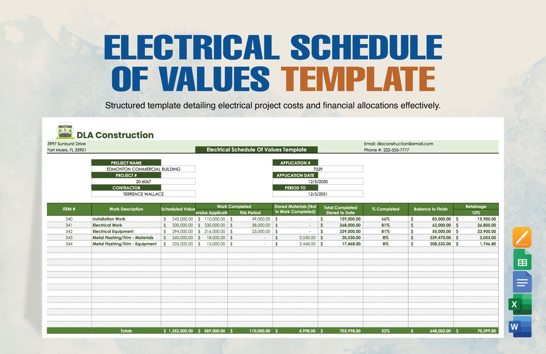 Electrical Schedule Of Values Template in Word, Google Docs, Excel, Google Sheets, Apple Pages