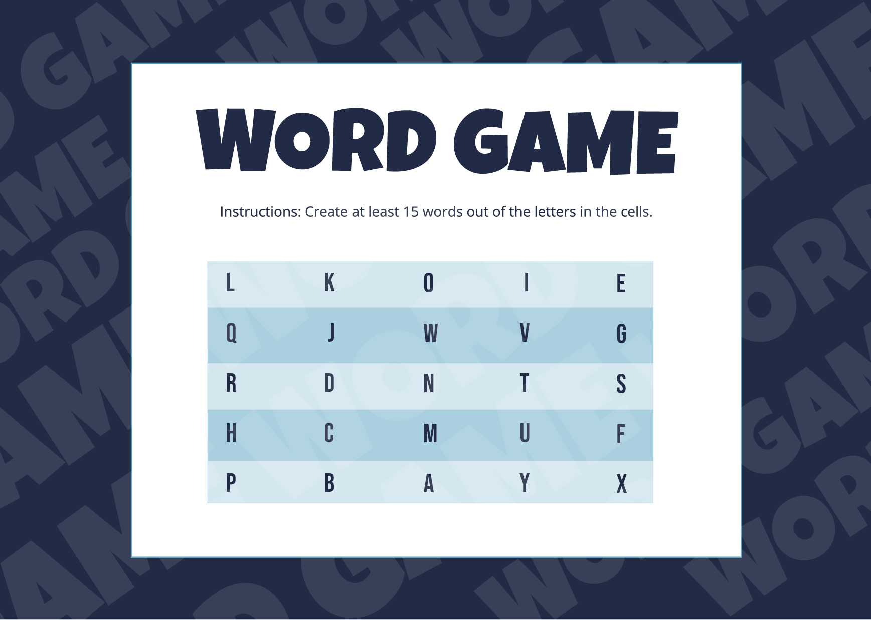 Word Game Card Template