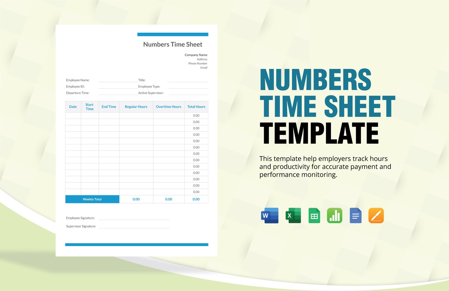 Numbers Time Sheet Template in Word, Google Docs, Excel, Google Sheets, Apple Pages, Apple Numbers