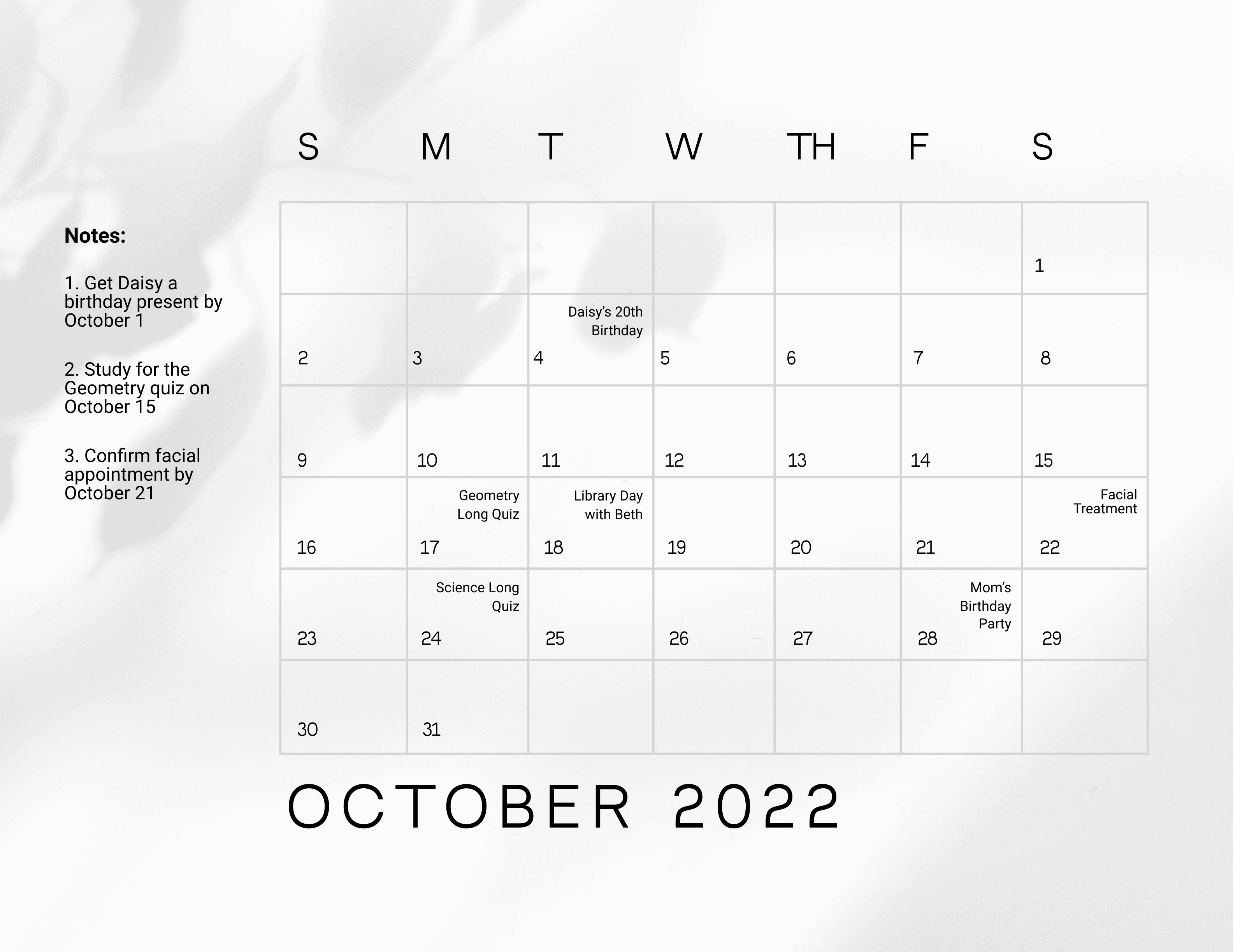 Free Fancy October 2022 Calendar Illustrator, Word, PSD