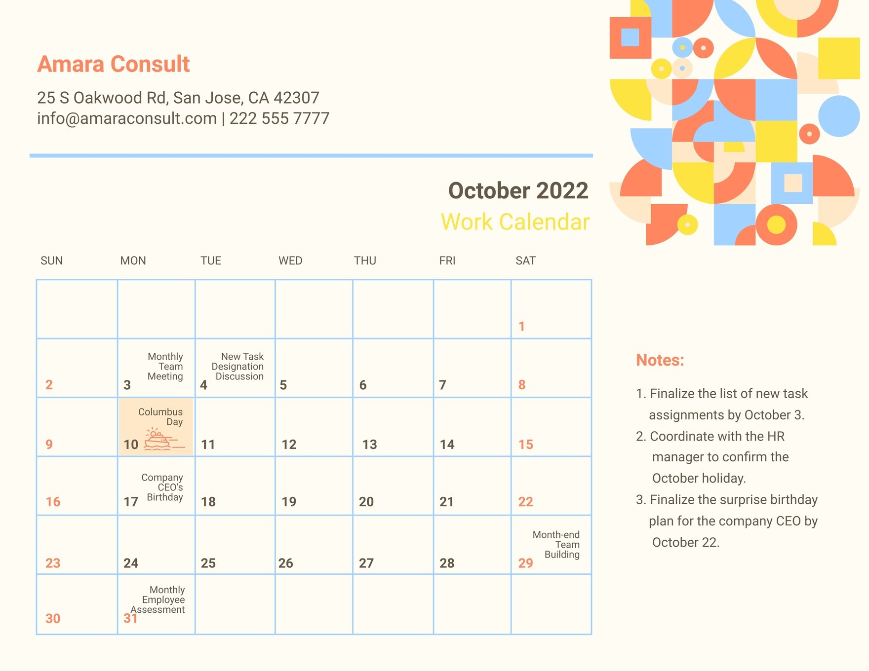 October 2022 Calendar Template With Holidays