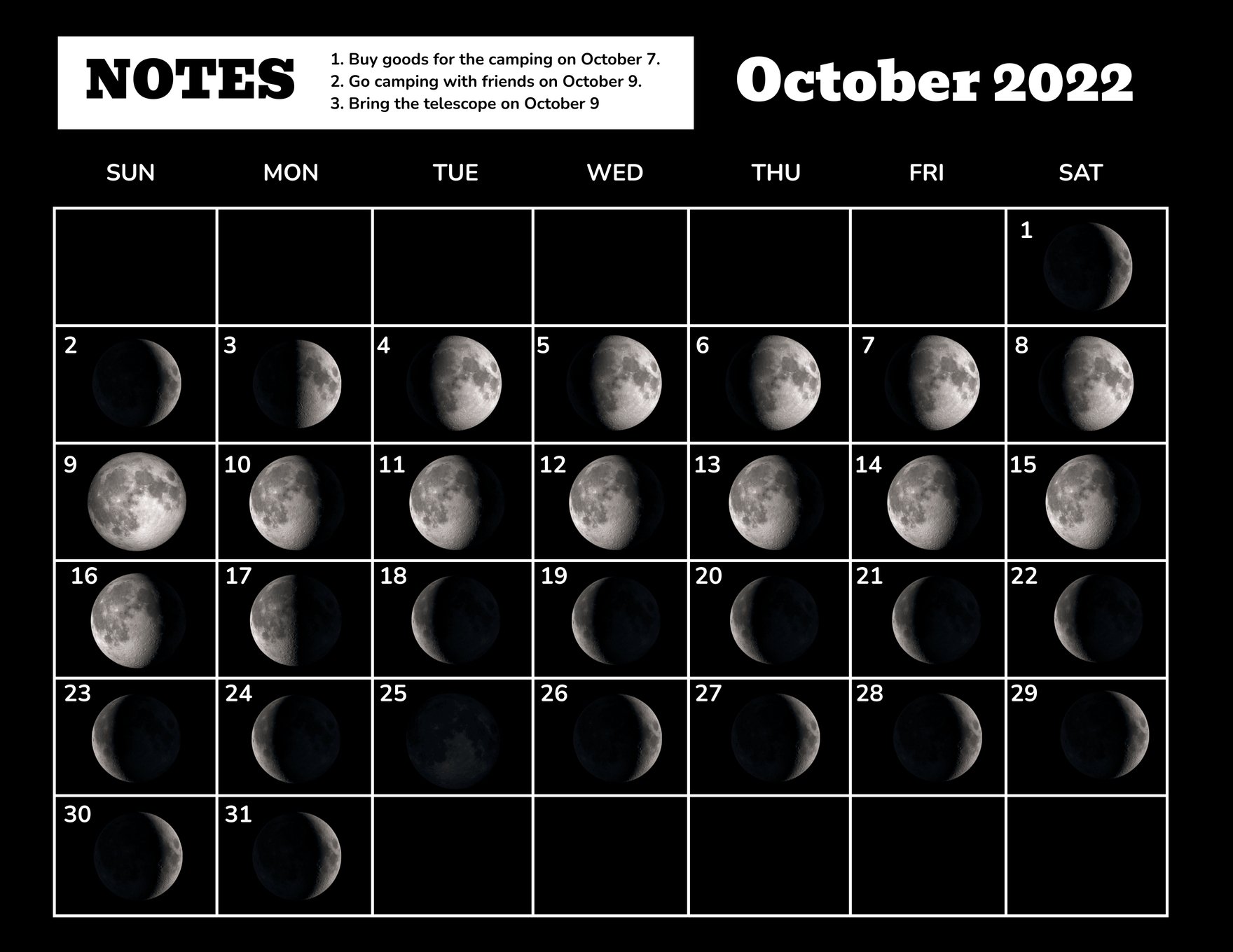 October 2022 Calendar Template With Moon Phases Illustrator, Word