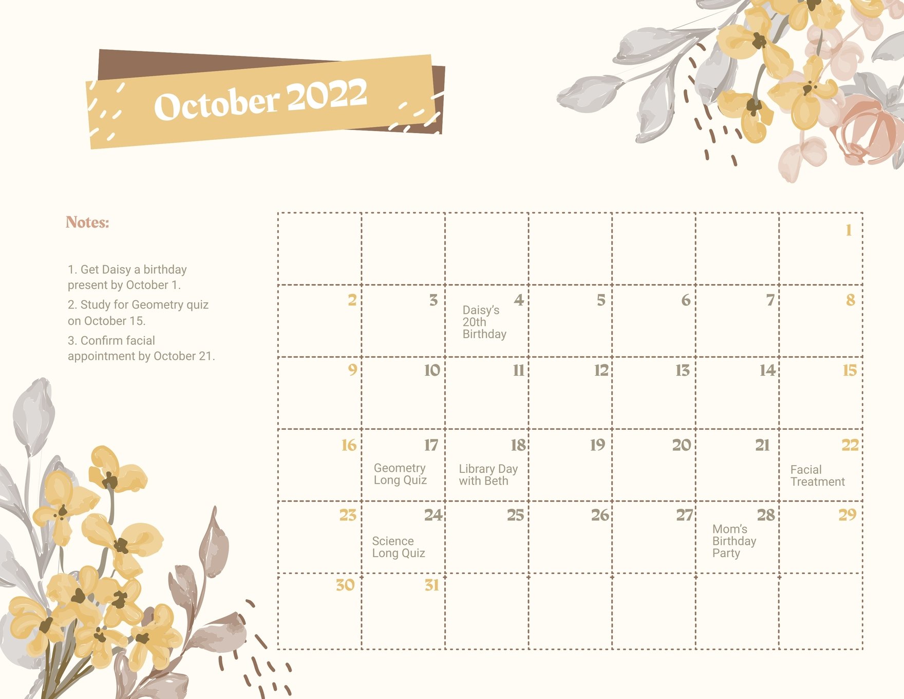Floral October 2022 Calendar Template