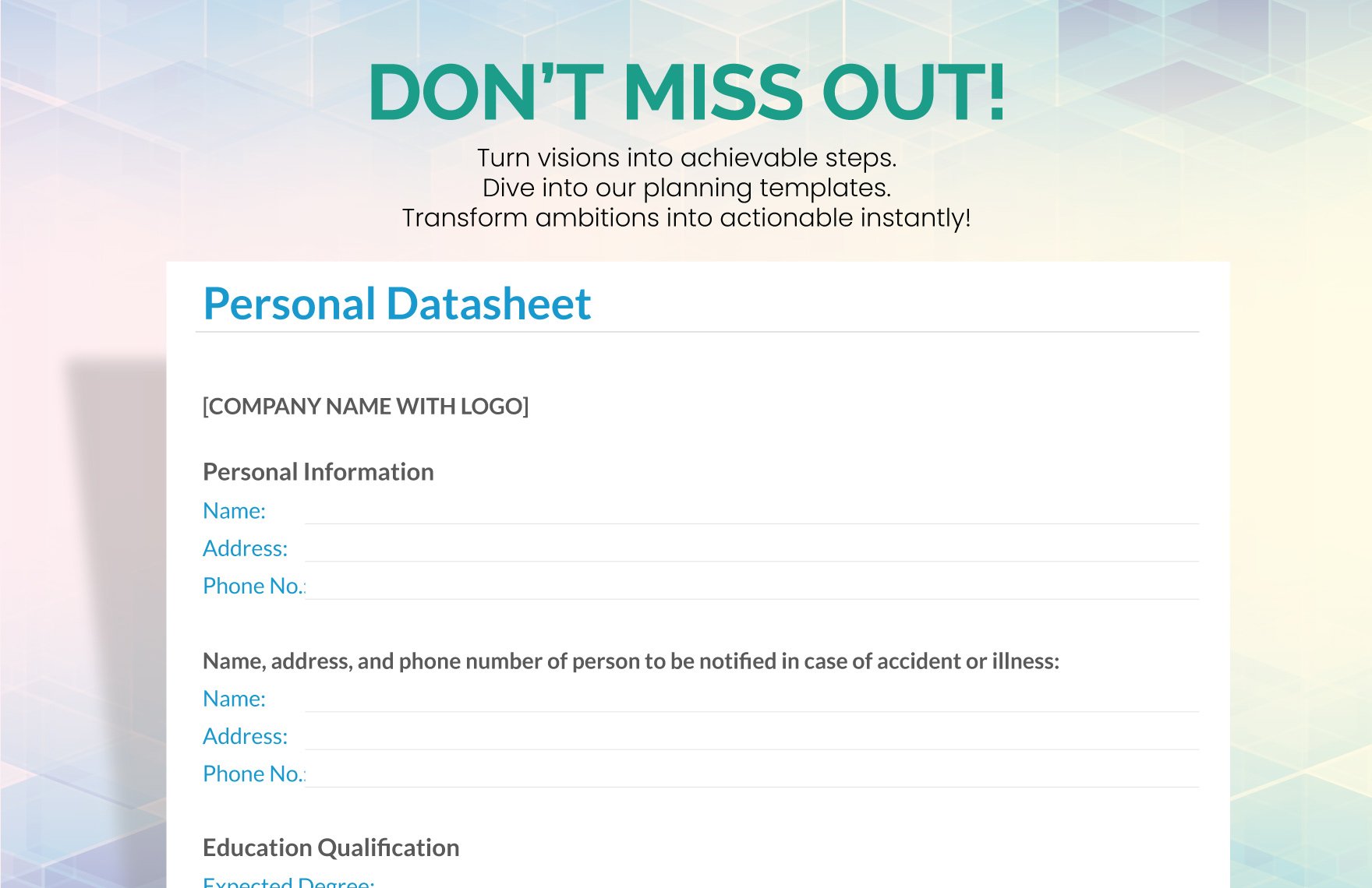 Personal Datasheet Template