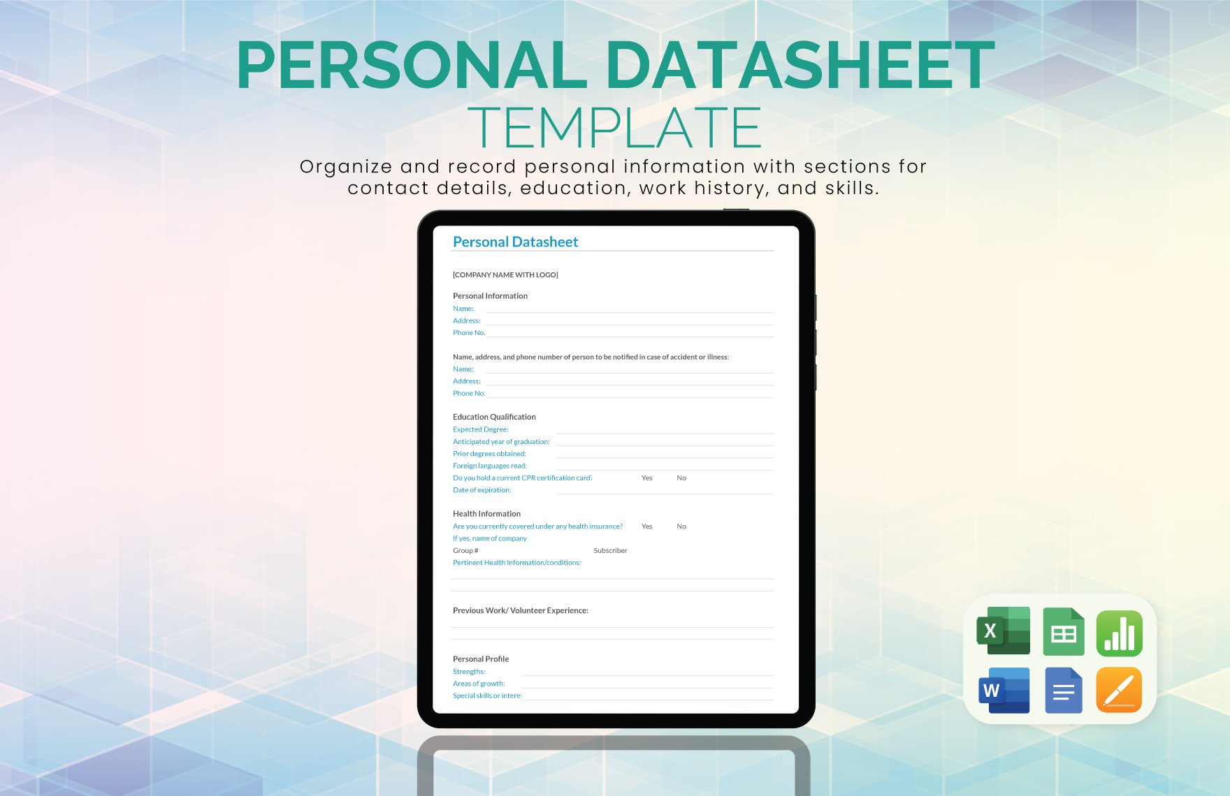 Personal Datasheet Template in Word, Google Docs, Excel, Google Sheets, Apple Pages, Apple Numbers