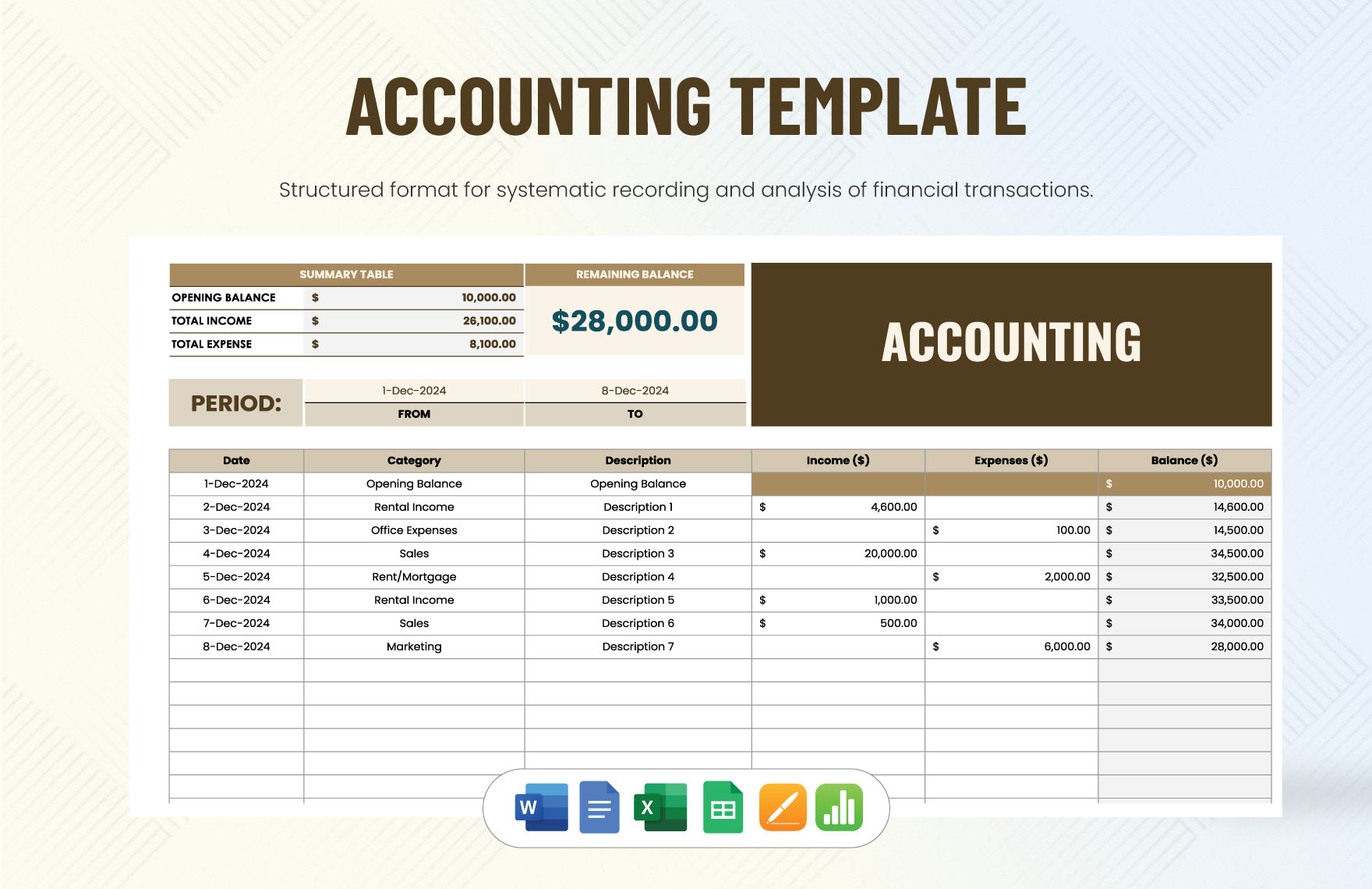 Accounting Template in Word, Google Docs, Excel, Google Sheets, Apple Pages, Apple Numbers