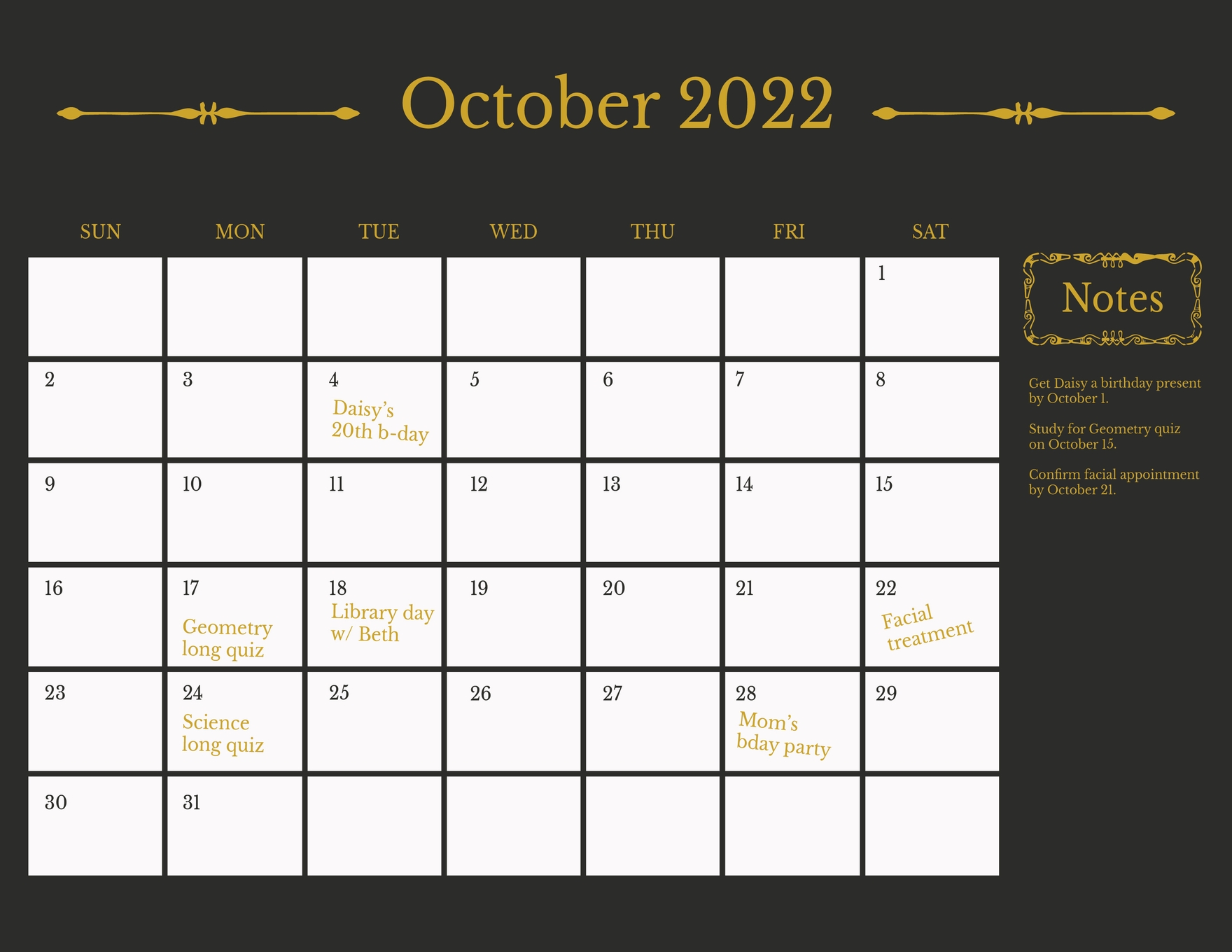 Fancy October 2022 Calendar