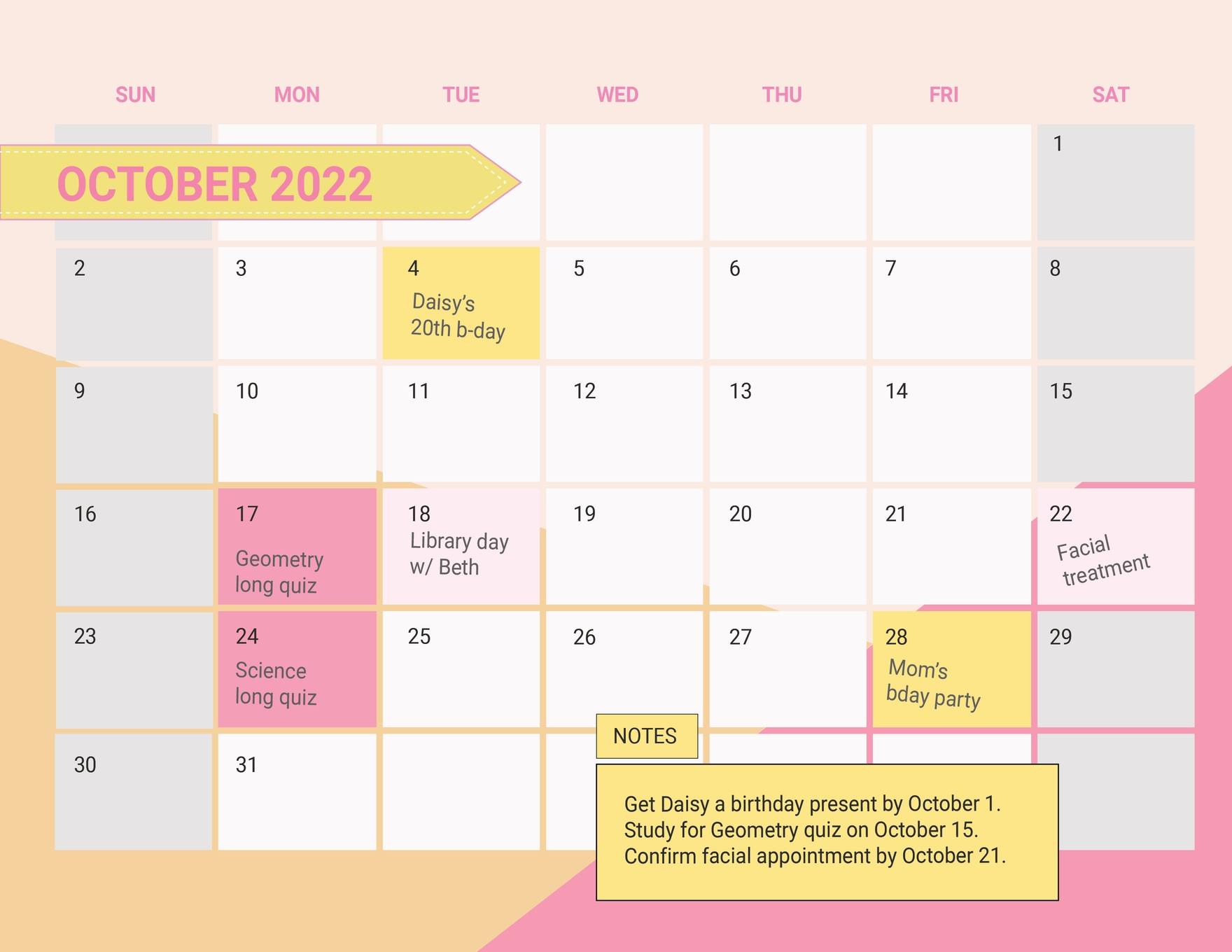 Colorful October 2022 Calendar Illustrator Word PSD Template