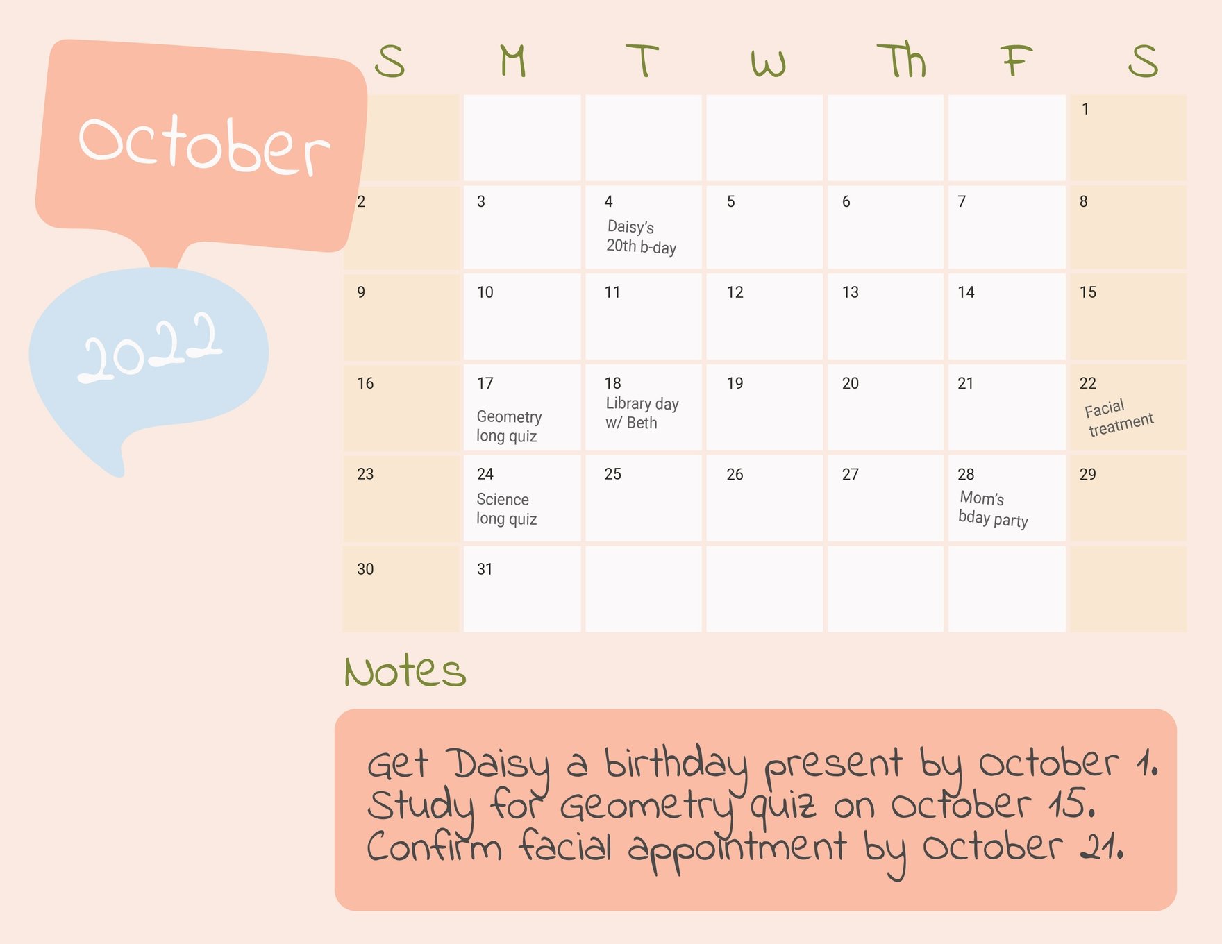 Blank October 2022 Calendar Template