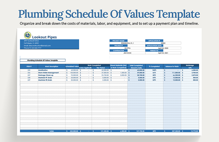 Plumbing Schedule Of Values Template in Word, Google Docs, Excel, Google Sheets, Apple Pages
