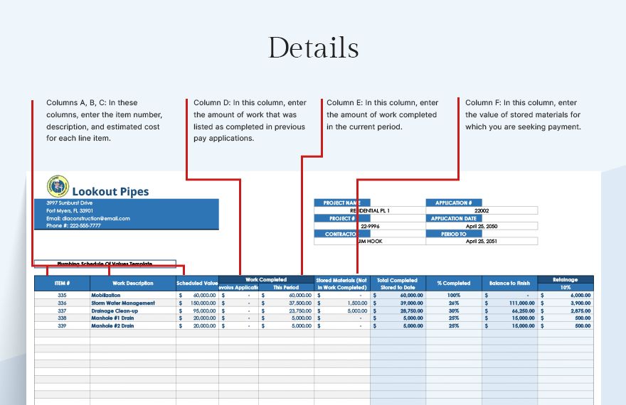 Plumbing Schedule Of Values Template Google Docs, Google Sheets