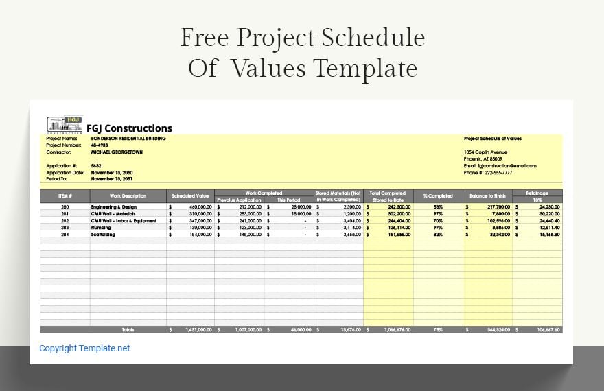 Project Schedule Of Values Template