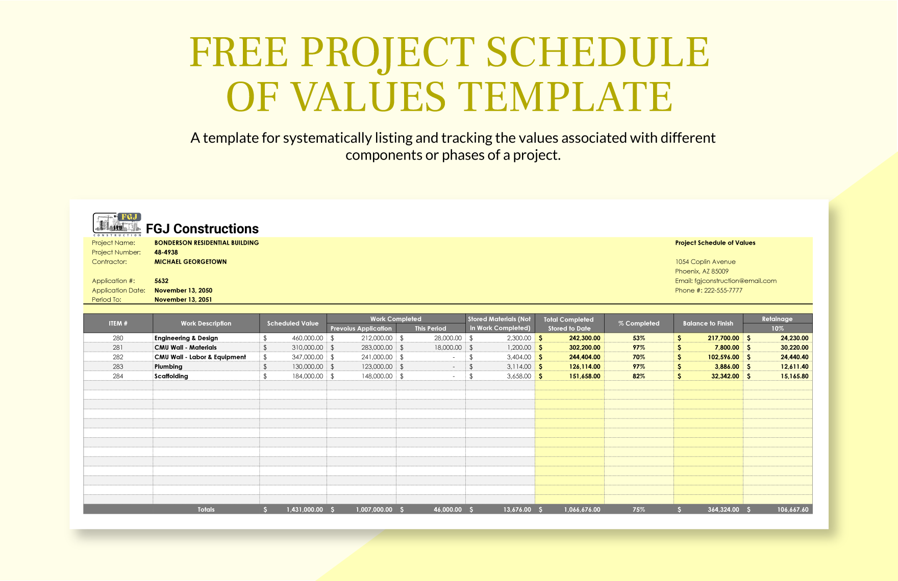 Project Schedule Of Values Template in Excel, Google Sheets, Google Docs, Word, Pages - Download | Template.net