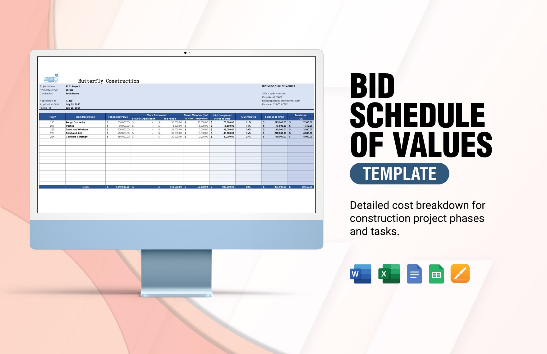 Bid Schedule Of Values Template in Word, Google Docs, Excel, Google Sheets, Apple Pages