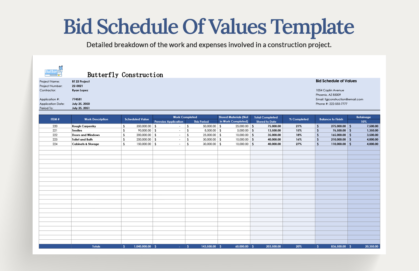 Bid Schedule Of Values Template