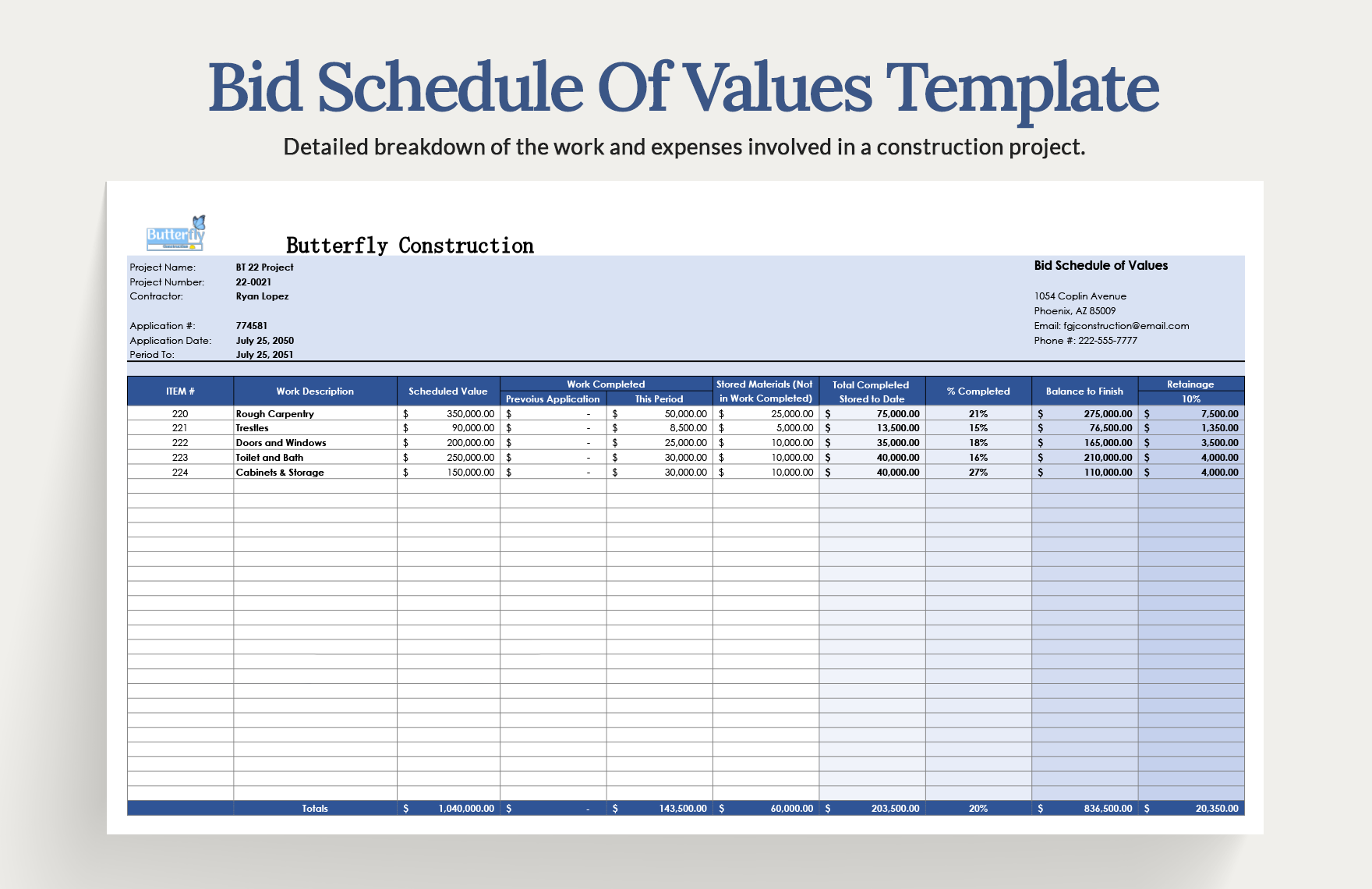 Bid Schedule Of Values Template in Word, Google Docs, Excel, Google Sheets, Apple Pages