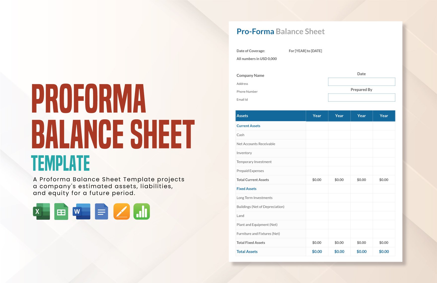 Proforma Balance Sheet Template in Word, Google Docs, Excel, Google Sheets, Apple Pages, Apple Numbers