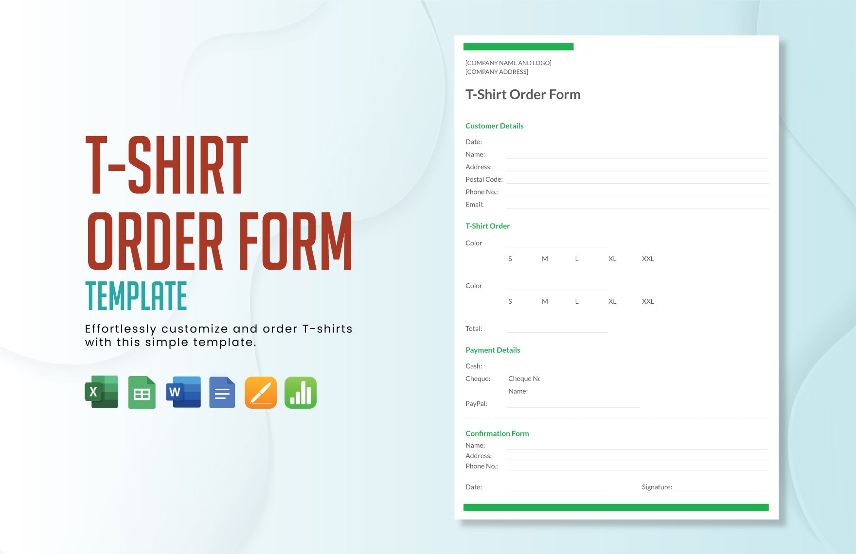 T Shirt Order Form Template in Word, Google Docs, Excel, Google Sheets, Apple Pages, Apple Numbers
