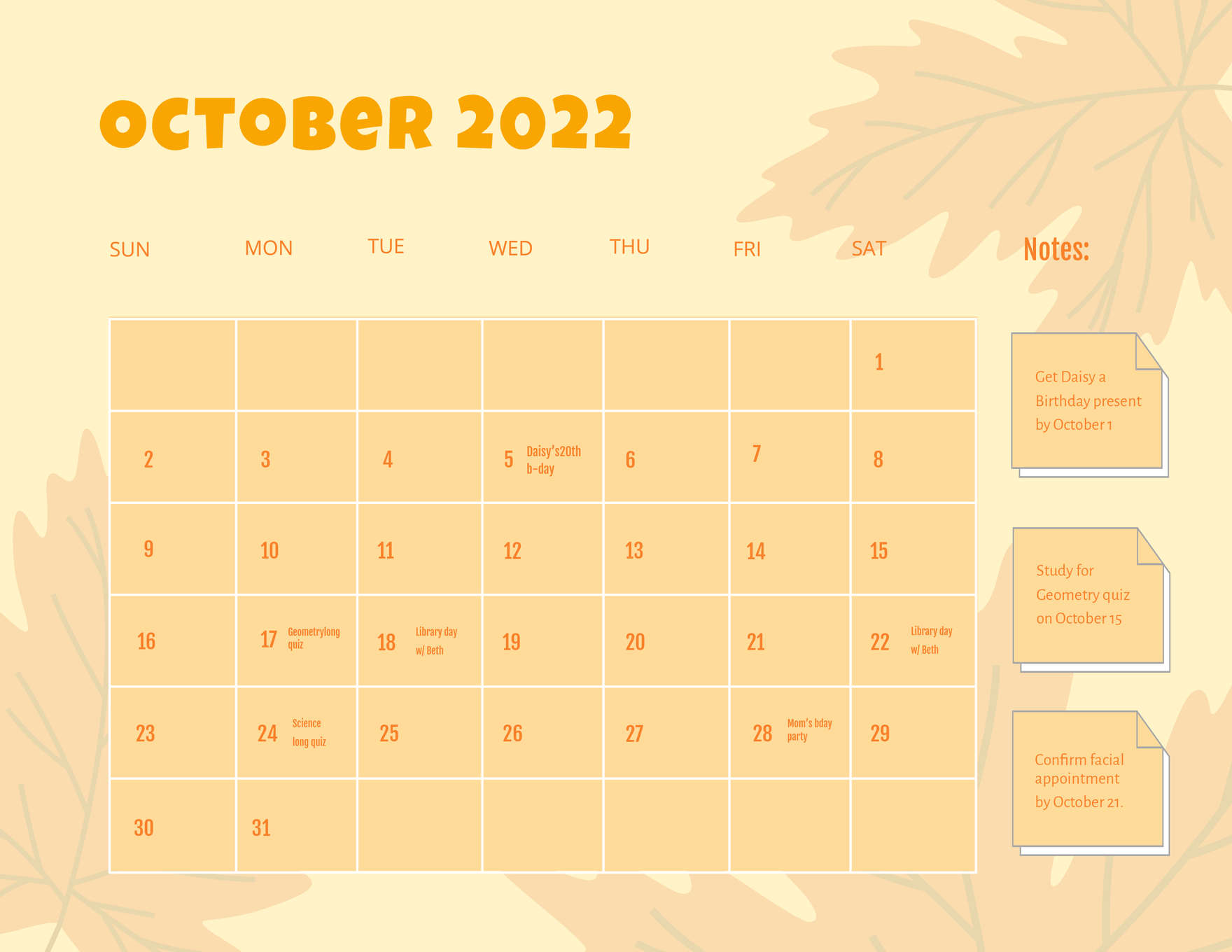 October 2022 Monthly Calendar Template
