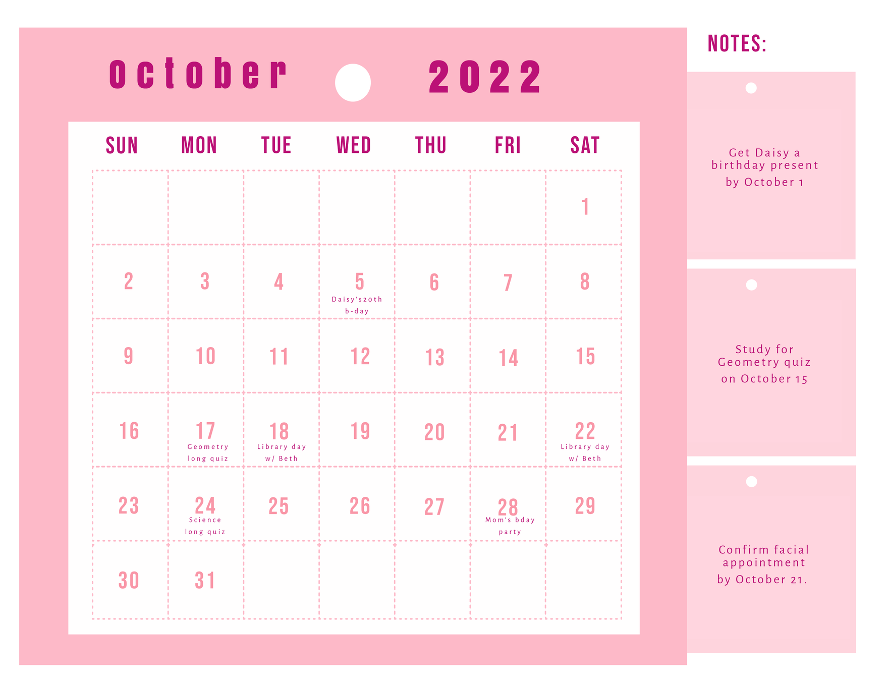 Pink October 2022 Calendar