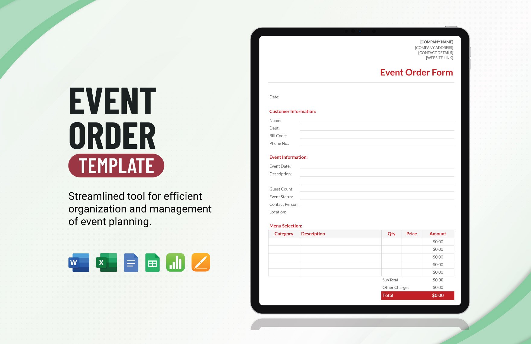 Event Order Template in Word, Google Docs, Excel, Google Sheets, Apple Pages, Apple Numbers