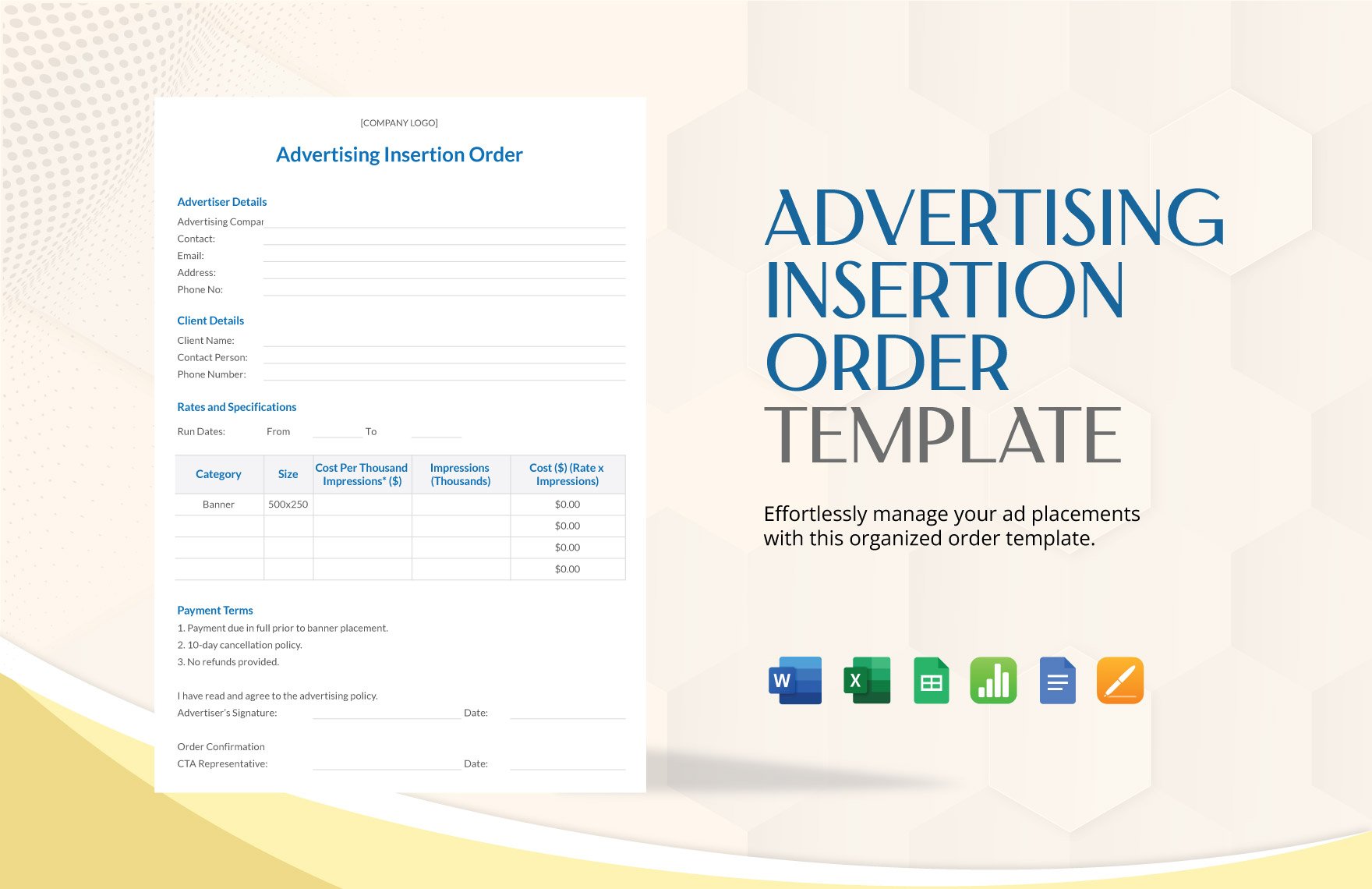 Advertising Insertion Order Template in Word, Google Docs, Excel, Google Sheets, Apple Pages, Apple Numbers
