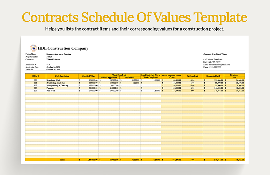 Free Professional Schedule Of Values Template - Google Docs, Google ...