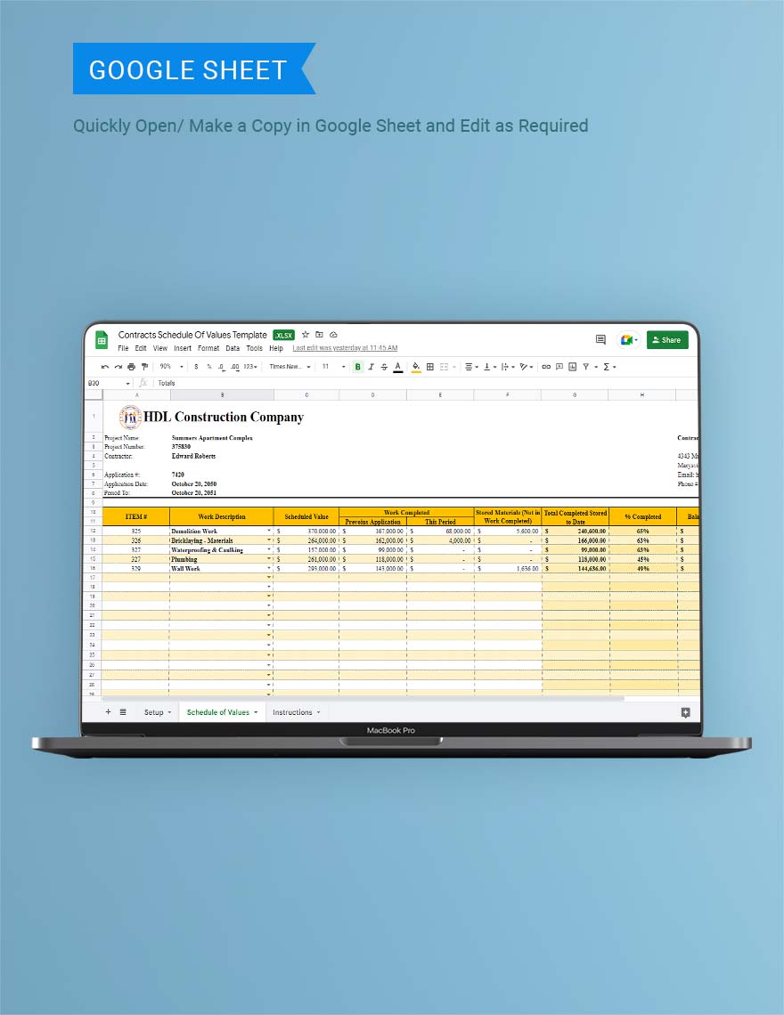 Contracts Schedule Of Values Template - Google Docs, Google Sheets ...