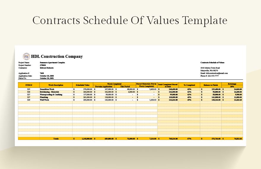 Contracts Schedule Of Values Template