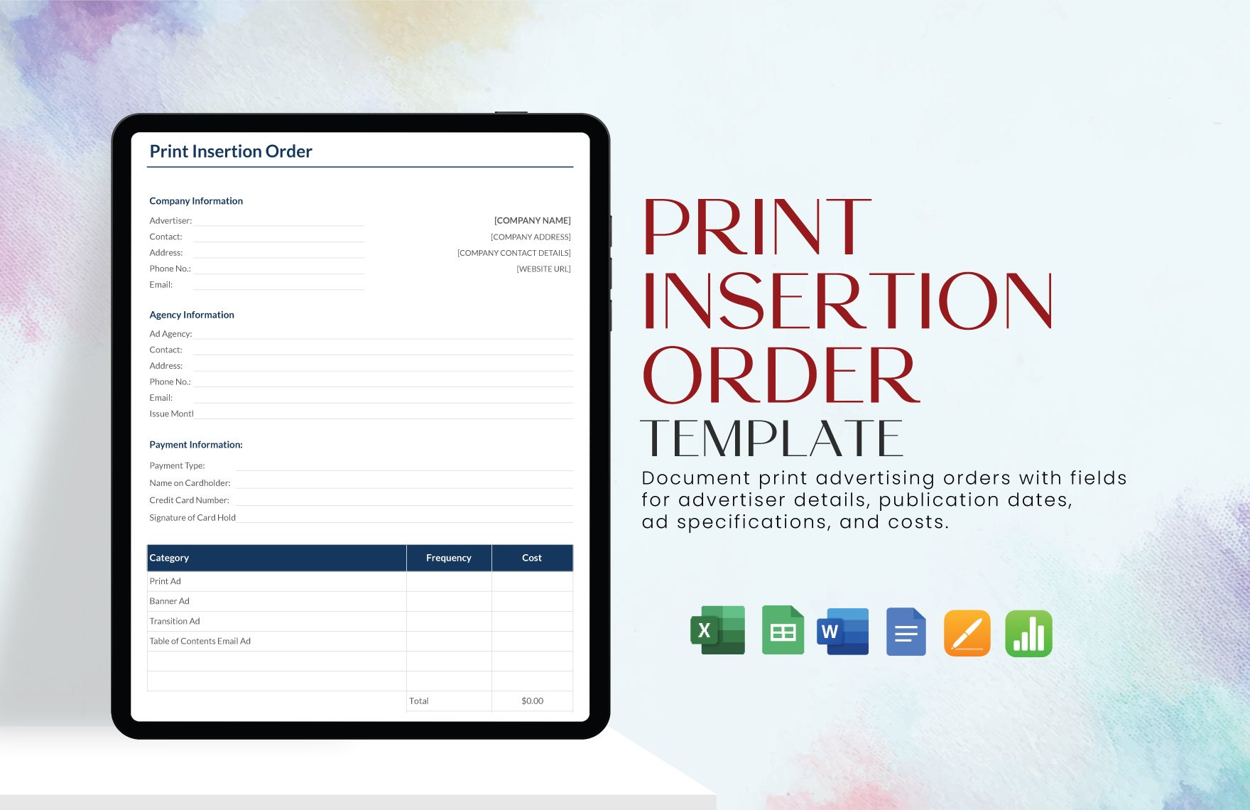Print Insertion Order Template in Word, Google Docs, Excel, Google Sheets, Apple Pages, Apple Numbers