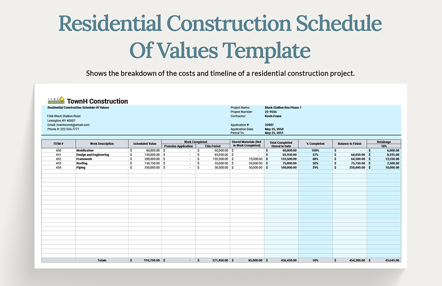 Residential Construction Schedule Of Values Template in Word, Google Docs, Excel, Google Sheets, Apple Pages