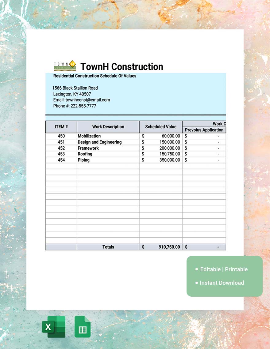 Residential Construction Schedule Of Values Template