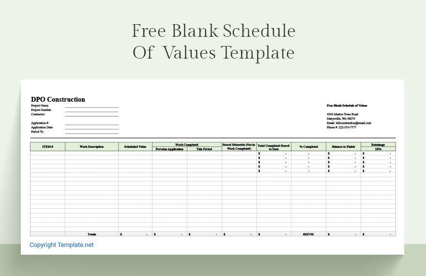 Blank Schedule Of Values Template