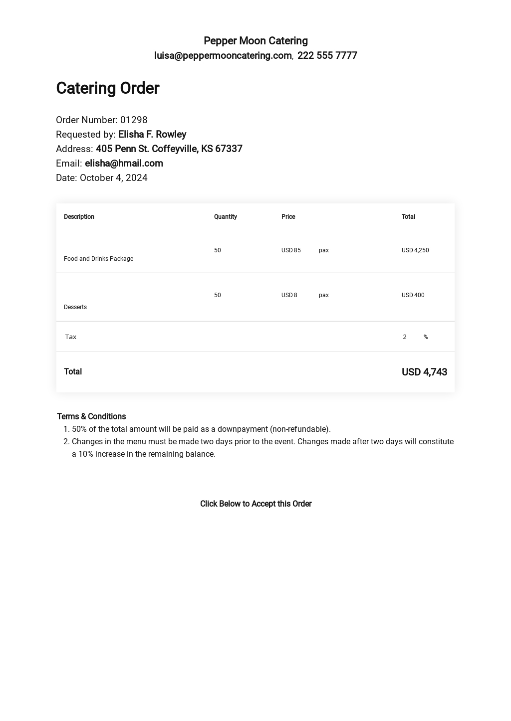 Catering Templates in Microsoft Excel (XLS)