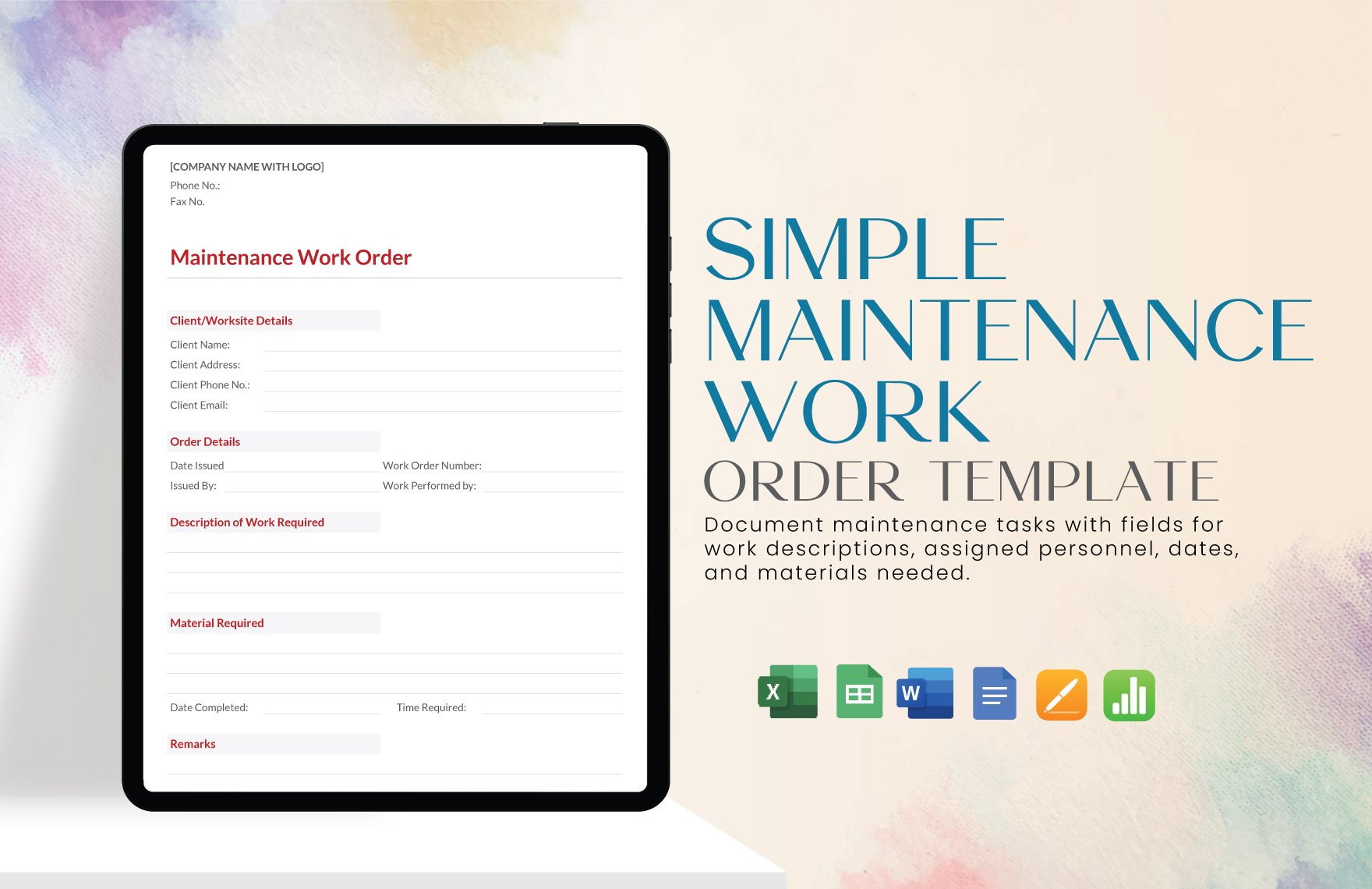 Simple Maintenance Work Order Template in Word, Google Docs, Excel, Google Sheets, Apple Pages, Apple Numbers