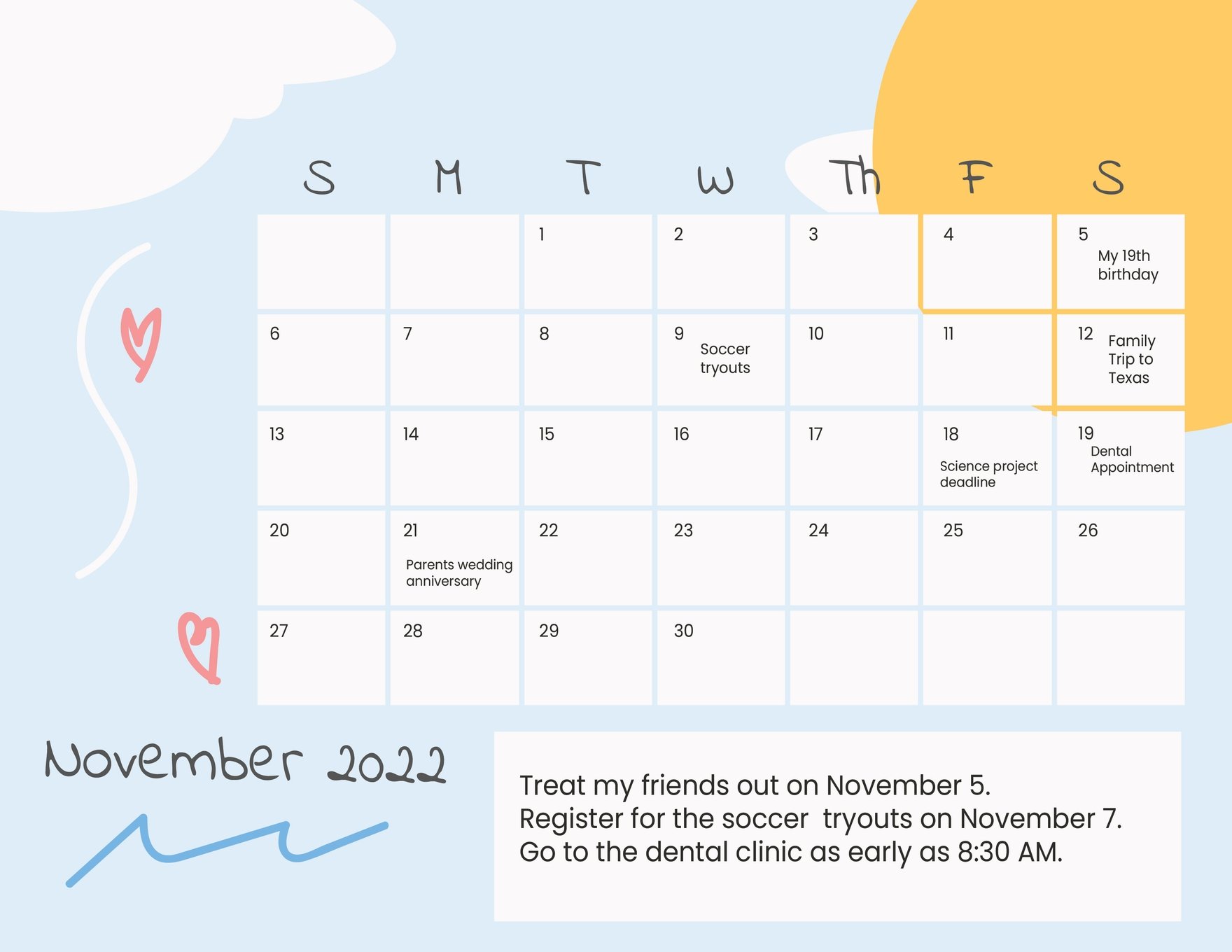 Cute November 2022 Calendar Template in Word, Illustrator, PSD