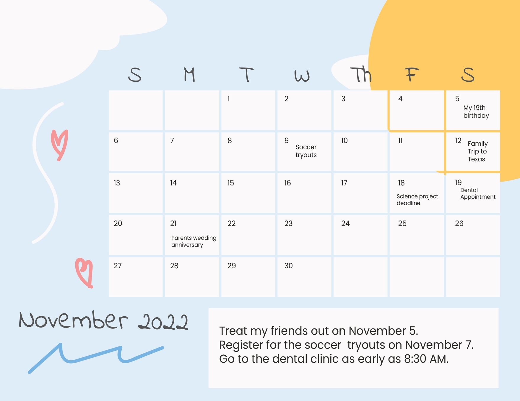 Printable November 2022 Monthly Calendar Template Illustrator Word 