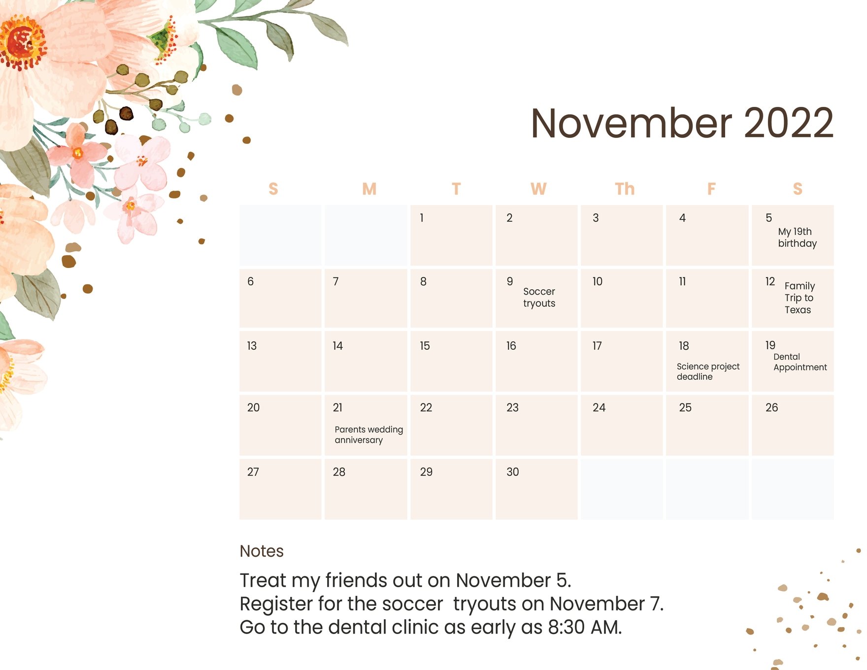 Floral November 2022 Calendar Template