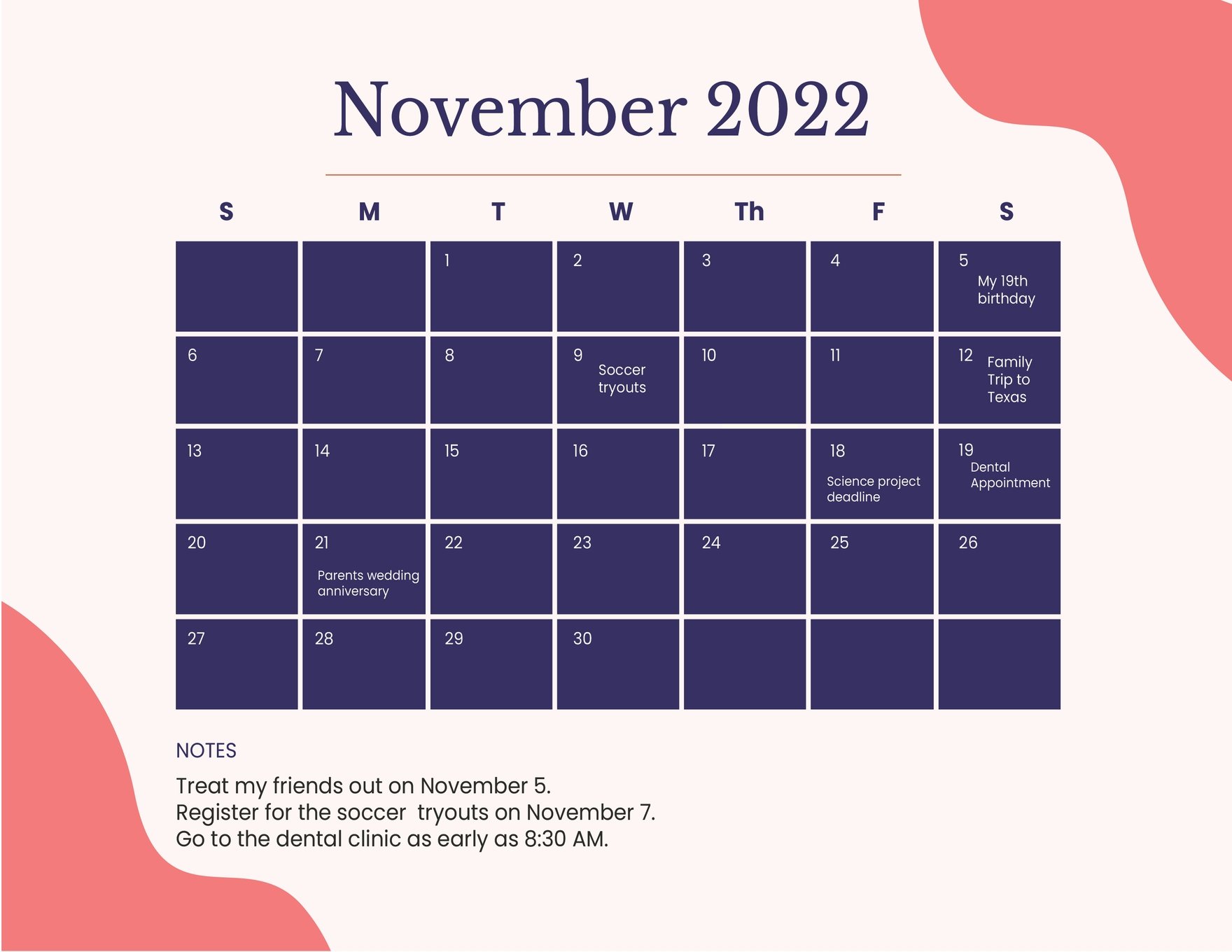 Pretty November 2022 Calendar in Word, Illustrator, PSD