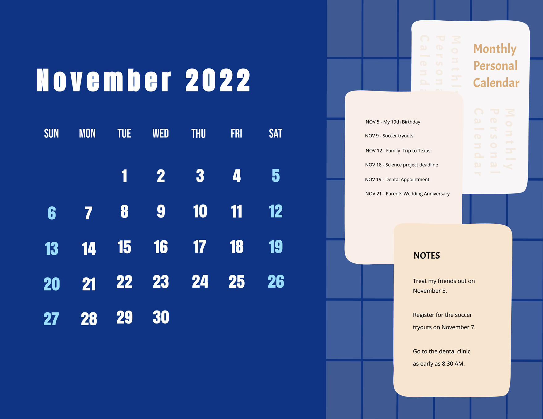 Blue November 2022 Calendar Template