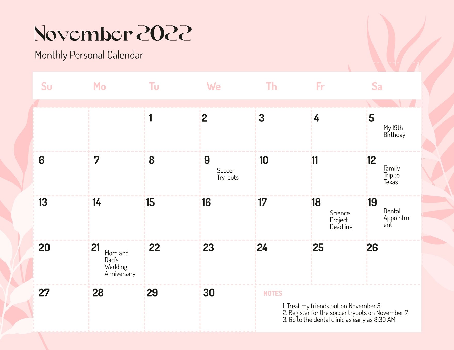 Pink November 2022 Calendar