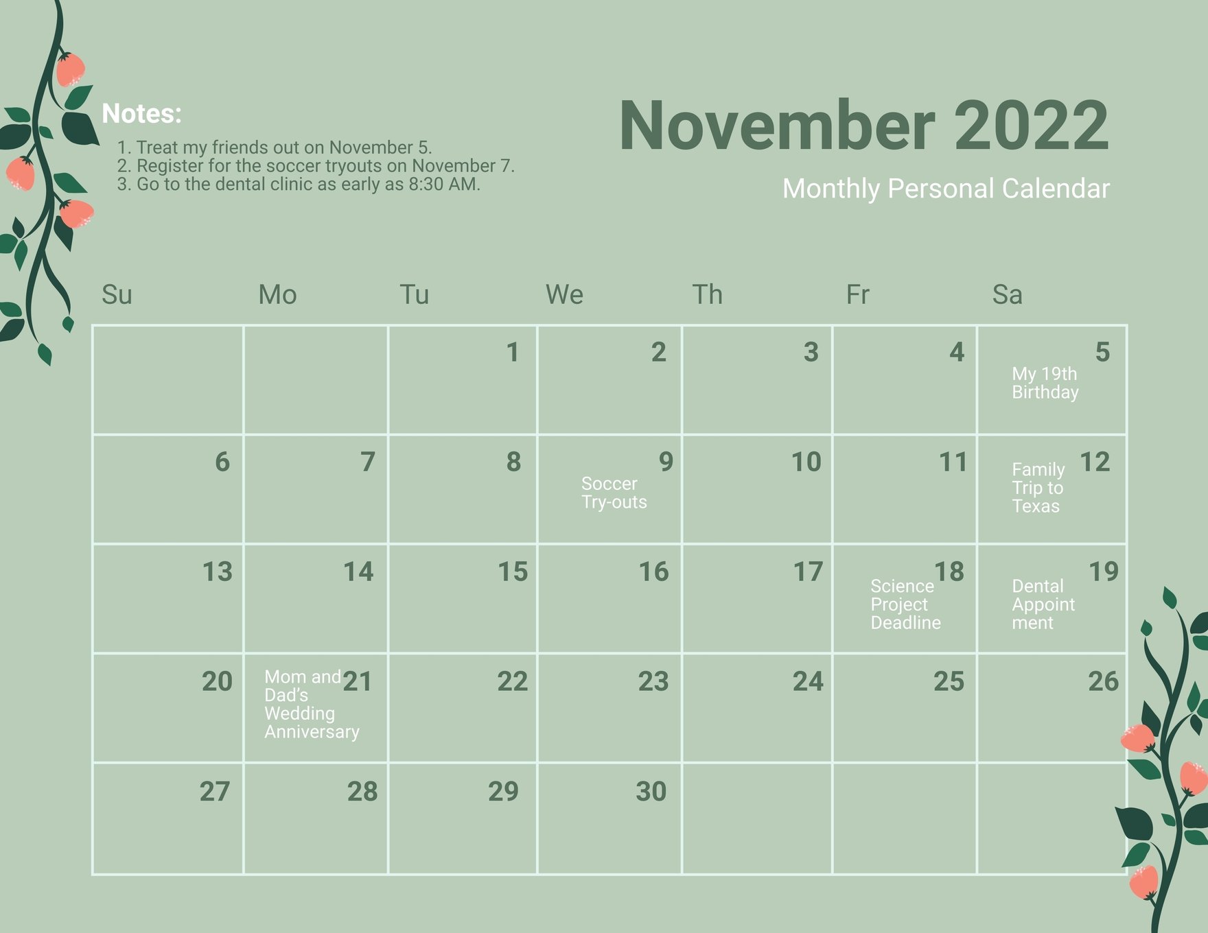 Free Simple November 2022 Calendar Template - Illustrator, Word, Psd |  Template.net