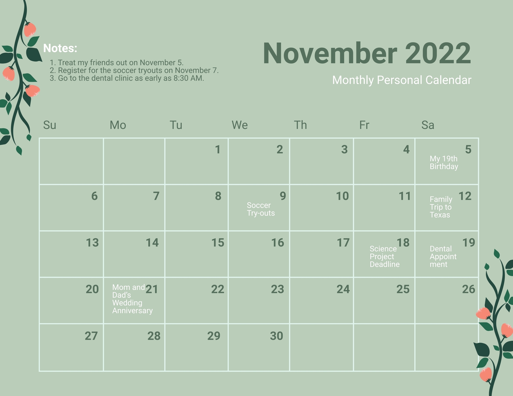 printable calendar november 2022 with holidays