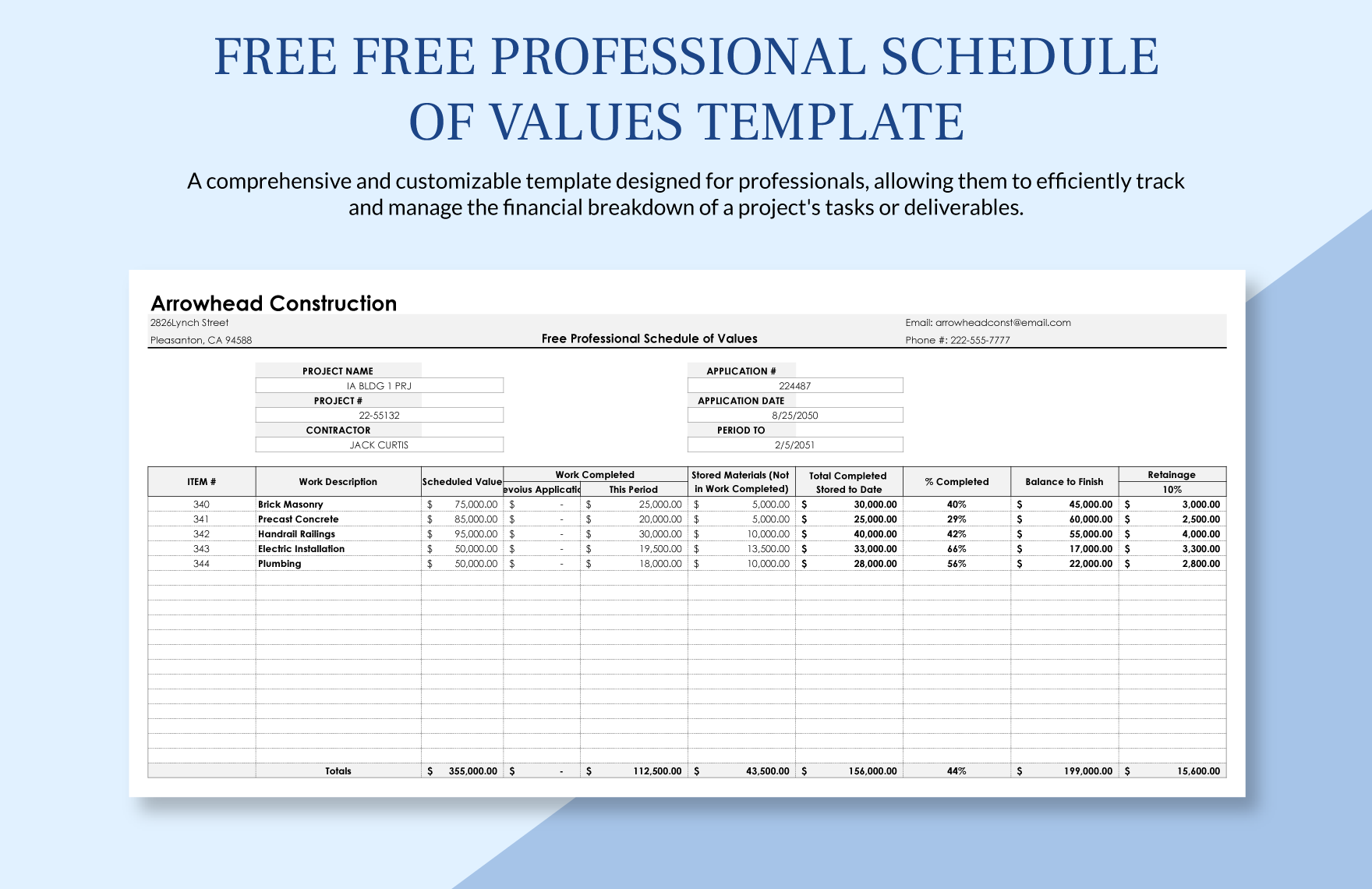 Professional Schedule Of Values Template