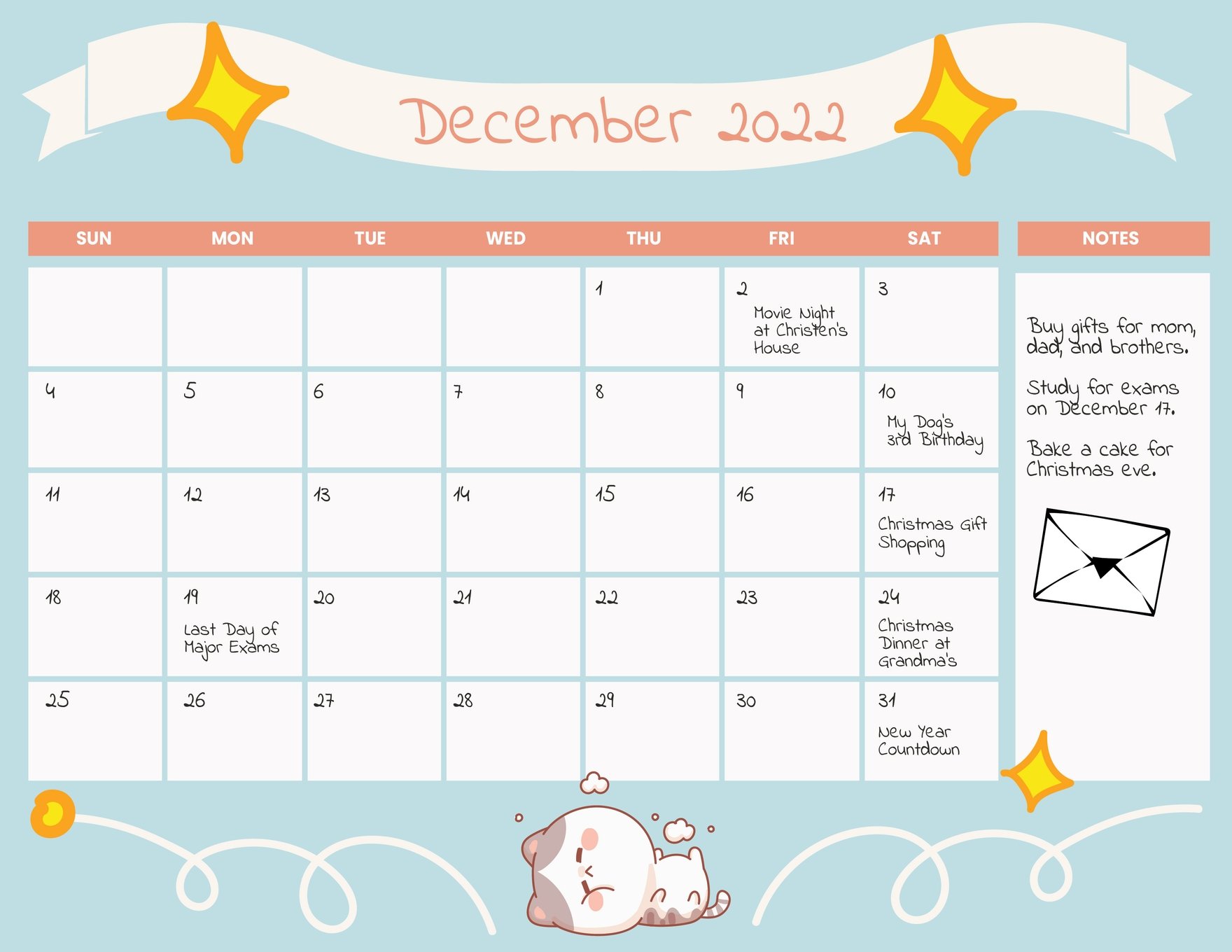 Cute December 2022 Calendar Template - Illustrator, Word, Psd | Template.Net